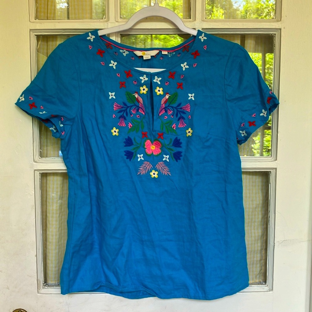 Boden Laura Blue Lagoon Linen Embroidered Top Size 6  - Rare
